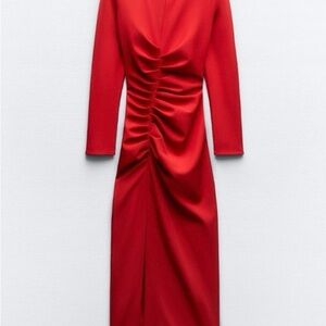 Zara Red Ruched Long Sleeve Sheath Dress